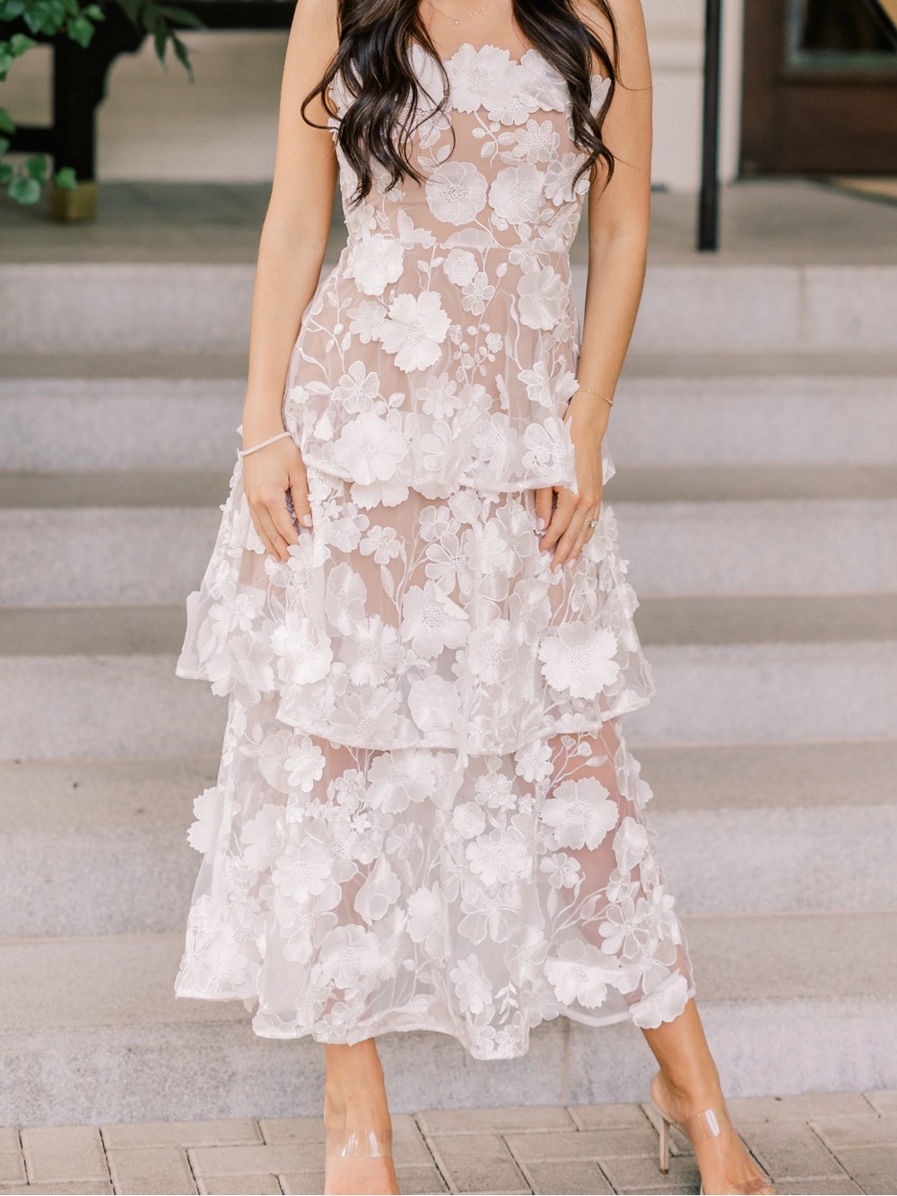 Elliatt Elegant Strapless White Floral Lace Midi Dress